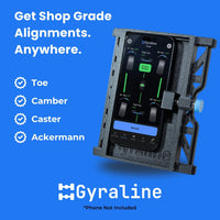 Gyraline alignment tool with smartphone on a blue background, featuring Gyraline branding.