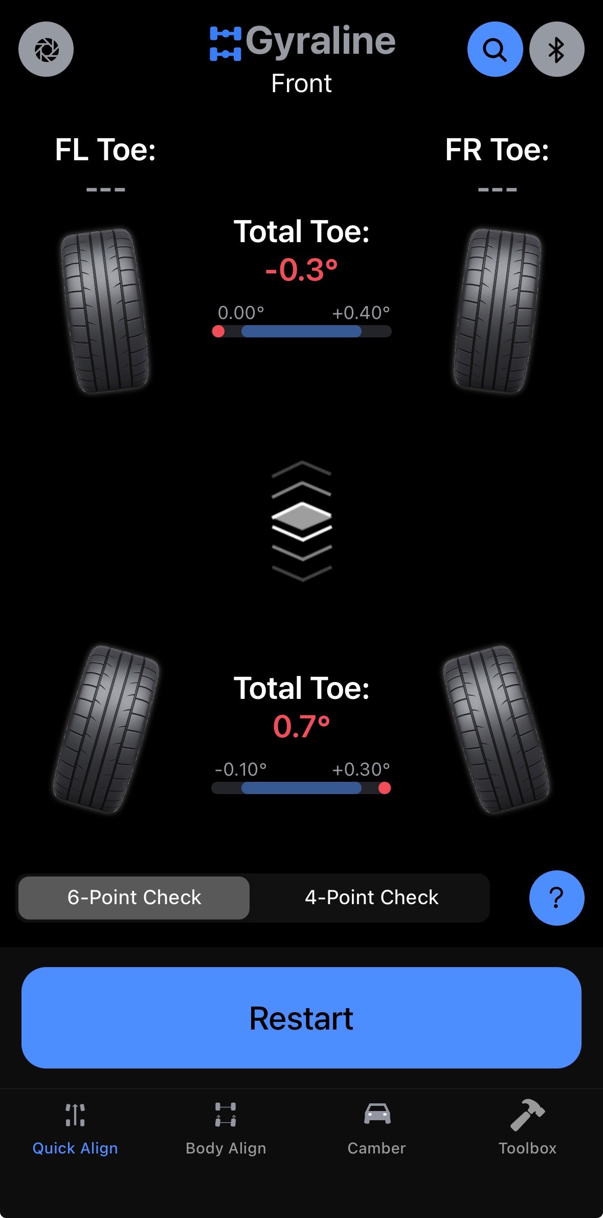 Gyraline alignment screen displaying OEM specification ranges